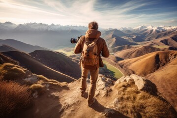 Hiker with backpack taking picture of mountain landscape. Hiking concept
Rear view of hiker photographer taking photographs to a breathtaking panorama. generative AI - obrazy, fototapety, plakaty