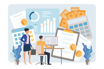 Office workers with business items vector illustration. Businessmen at computer managing budgeting, accounting, risks and partnership. Charts, money and contracts. Finance analysis, business concept