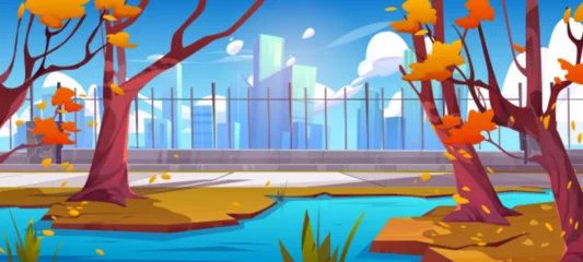 Wandaufkleber Autumn city park with pond and path near fence nature background scene. Public garden in town forest with river, skyscraper view and walkway to downtown. Orange fall season cartoon environment © klyaksun