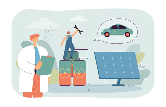 Tiny Worker On Batteries For Electronic Car Vector Illustration. Cartoon Drawing Of Automobile Batteries Connected To Solar Panel. Innovation, Transportation, Technology, Sustainability Concept