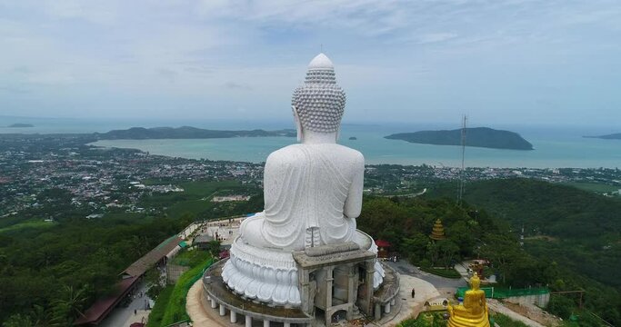 Aerial landscape view ,The Big Buddha or Phra Phuttha Ming Mongkhon Aknakakhiri, the big white Buddha statue on the top of the mountain, Phuket, Thailand landmark.