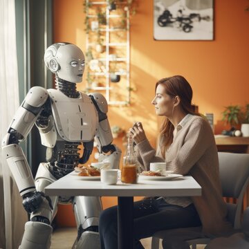 A girl with a robot sits in a cafe at the same table