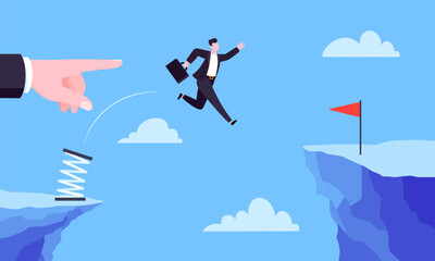 Businessman jumps over the abyss across the cliff flat style design vector illustration. Business concept of fearless businessman with huge courage. Risk, goal achievement and mentoring.