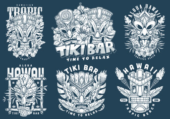 Tiki masks monochrome set logotypes