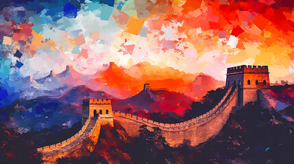 Abstract painting of Great wall of China in style of mixed grunge colors. Digital illustration generative AI.