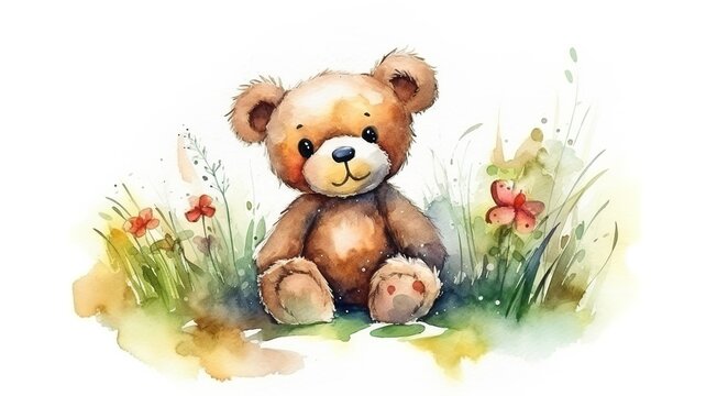 a watercolor picture of a cute teddy bear