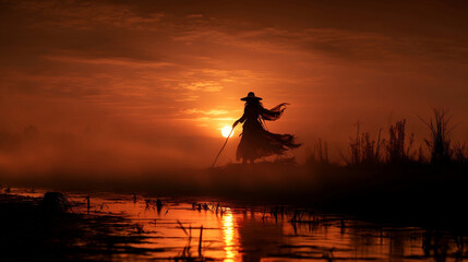 Silhouette of a witch watching the sunset waiting for the night to come to fly on halloween night.