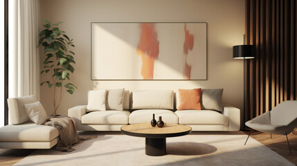 Stylish Living Room Interior with Mockup Frame Poster, Modern interior design, 3D render, 3D illustration