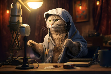 a cute cat wearing human clothes sitting in a recording studio about to produce a podcast or asmr sounds. Generative AI technology