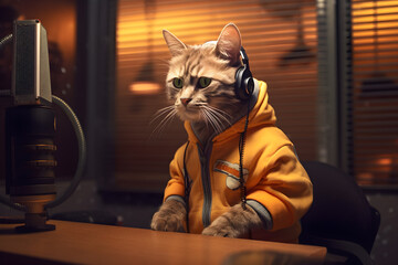 a cute cat wearing human clothes sitting in a recording studio about to produce a podcast or asmr sounds. Generative AI technology