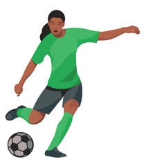 Black women's football girl player in a green sports uniform is going to kick the ball with foot