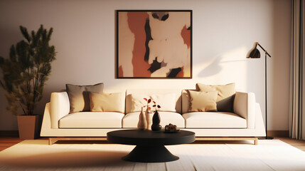Stylish Living Room Interior with Mockup Frame Poster, Modern interior design, 3D render, 3D illustration