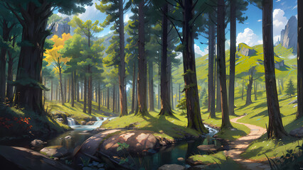 A beautiful rural nature forest. An Illustration in an anime background animation style - Set 2