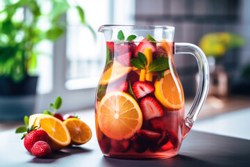 pitcher of tangy fresh fruit ripe sangria with mint leaves and strawberry slices, maroon in a large bowl © vefimov
