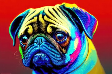 colorful illustration of pug dog portrait, generative ai