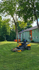 Lawn Tractor / Freshly mowed lawn with lawn mower