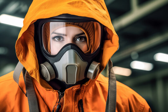 a woman wearing an orange jacket and protective gas and biological dangerous mask in a factory