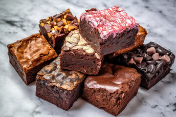 stack of square brownie and chocolate brownie squares on a marble surface