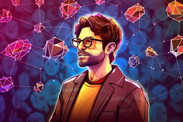 man in glasses standing in front of an abstract background image and diamond network, crypto enthusiast tadasoolo irla