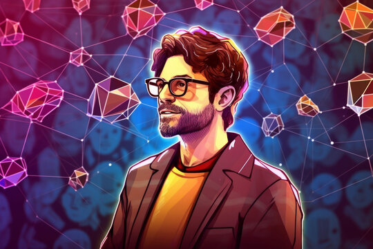man in glasses standing in front of an abstract background image and diamond network, crypto enthusiast tadasoolo irla