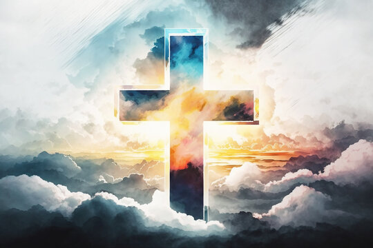 A vibrant watercolor painting of a cross soaring above the clouds. Abstract watercolor painting of a conceptual cross. Easter scene with cross. Jesus Christ. Perfect for religious themes.
