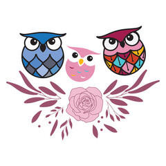 cute little owl family on a floral branch