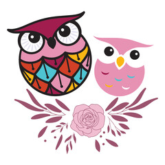 cute little owl family on a floral branch