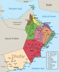 A colorful Oman map vector with 11 governorates, provinces, major cities, towns, and capitals also adds international borders, gulfs, and oceans.