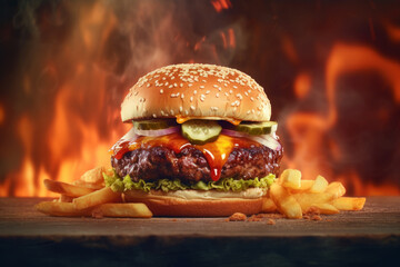 burger with ketchup, fries on top of a wooden table next to a fire