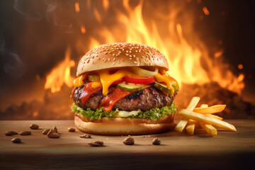 burger with ketchup, fries on top of a wooden table next to a fire