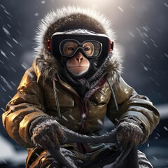 Monkey in winter in a down jacket