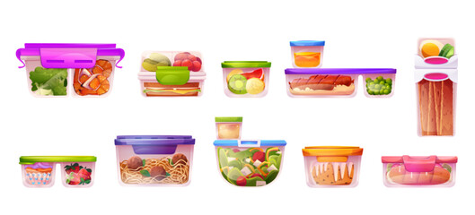Plastic lunch food storage container icon vector illustration. Isolated cooked vegetable and fruit glass pack for picnic cartoon clipart set. Prepared leftover with salad, dessert and meat ball.