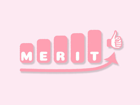 MEREITの文字、矢印、サムズアップのマーク