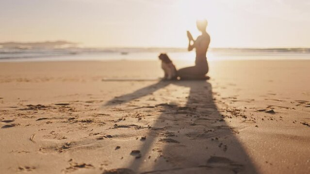 Woman scrolling her smartphone with dog on ocean beach at sunset. Female sitting on Yoga mat on sand sea shore at sunrise. Woman checking exercises online with phone in the morning, evening, outdoors