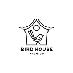 bird house with bird perching line art outline logo vector icon