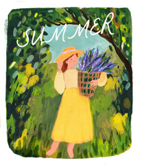 Vector illustration Summer quote, romantic young girl in a colorful garden with a bunch of summer flowers, lilac, greenery, prospering trees. Printable vector banner, greeting card, poster, invitation