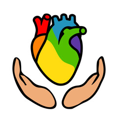 Rainbow heart in hands. Celebration and commemoration of lesbian,gay,bisexual, and transgender pride. LGBT Pride Month. LGBT symbol. Sutable for printing on postcards, greeting card, sticker, logotyp