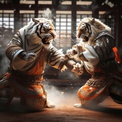 Fototapeta na wymiar Two tigers fighting on the tatami mat