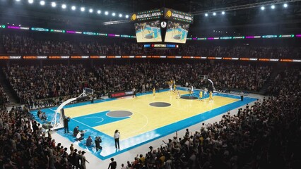 Sold Out Arena with Spectators Watching a National Basketball Tournament Match. Teams Play, Diverse Crowds of Fans Cheer. Sports Channel Live Television Broadcast. Establishing High Wide Angle Footage