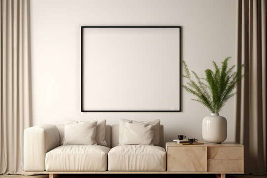 Modern Living Mockup Poster Frame in Scandinavian Style Living Room Interior. created with Generative AI © photobuay