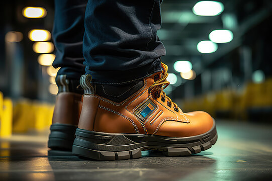 Close-Up of Worker's Protective Shoe in a Factory, Symbolizing the Importance of Workplace Safety. created with Generative AI