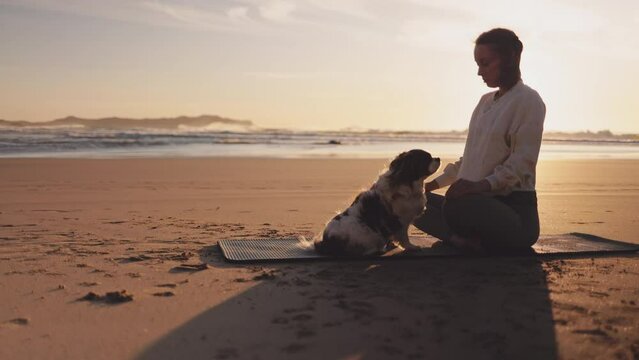 Woman doing workout with dog on ocean beach at sunset. Female doing Yoga and stretching on mat on sand sea shore at sunrise. Strong powerful woman exercises in the morning or evening outdoors. 