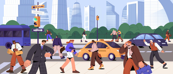 People going, rushing on different businesses, hurrying to work, office. Morning city life concept. Rush hour, busy urban street traffic with pedestrians and cars, panorama. Flat vector illustration © Paper Trident