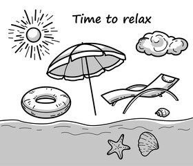 Hand drawn doodle style, beach theme, seaside vacation, lying in sun lounger. Relax, rest. Hand-drawn doodle style elements.