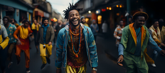 Young man with dreadlocks dancing reggaeton in the street. Man is on focus and foreground. Latin Party.