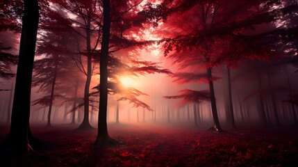 Fantasy red forest with fog and red trees. Autumn concept. 3D Rendering