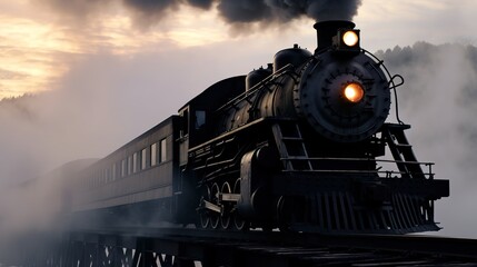 Fototapeta premium Classic steam locomotive train engine on track generative ai