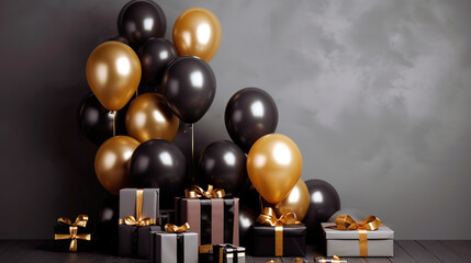 Fototapeta na wymiar Gold and black balloons bunch and presents. Blank wall with copy space
