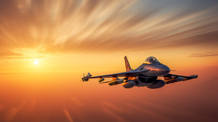 f16 fighter jet flying at sunset with great speed. new technologies of military combat aviation concept. Generative AI
