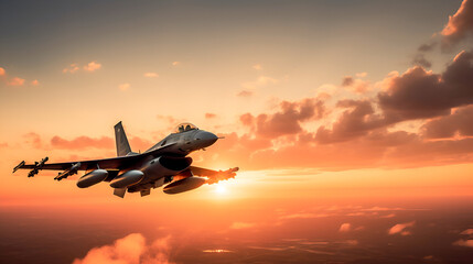 Fototapeta na wymiar f16 fighter jet flying at sunset with great speed. new technologies of military combat aviation concept. Generative AI